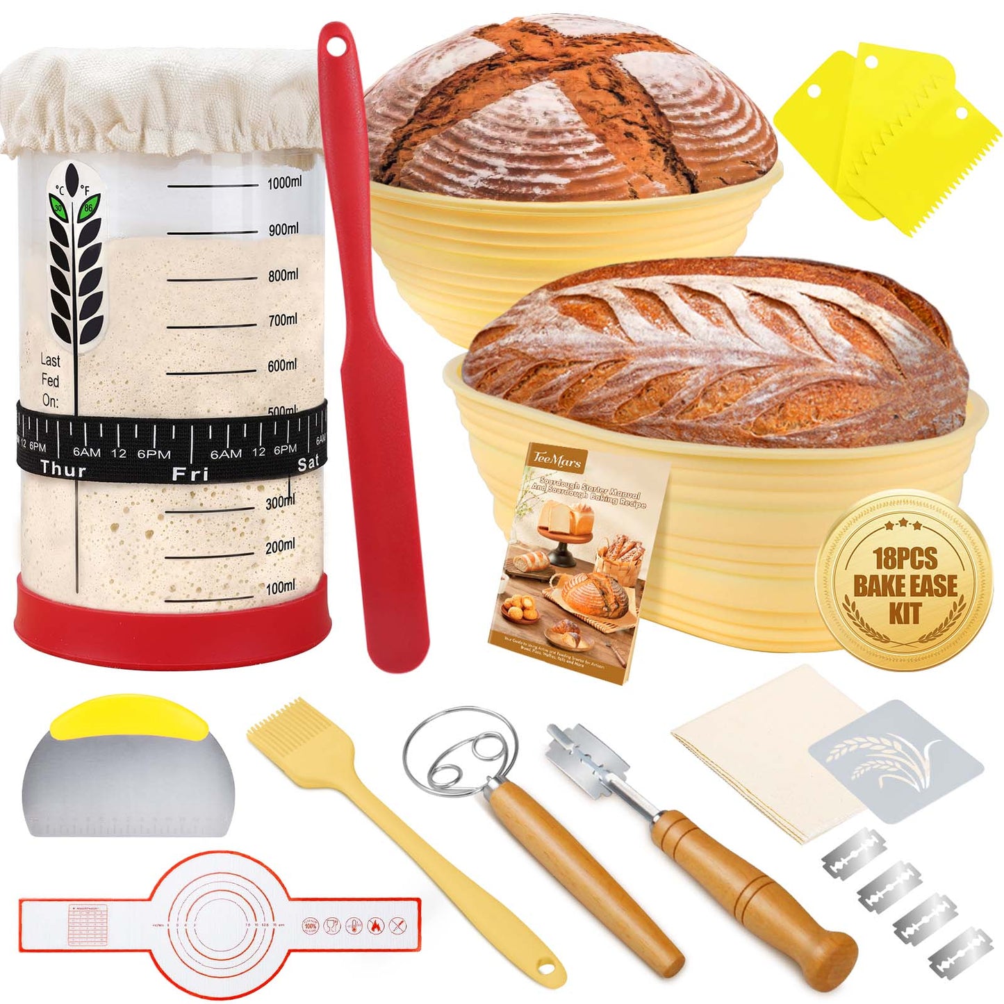 TeeMars BakeEase Sourdough Starter Kit - Durable Complete Sourdough Bread Baking Supplies (18PCS)