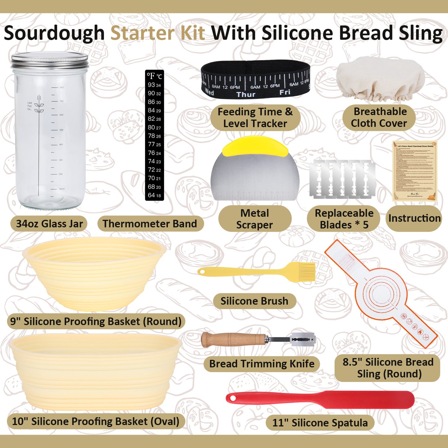 TeeMars Sourdough Starter Kit - Bread Sling for Dutch Oven (12PCS)