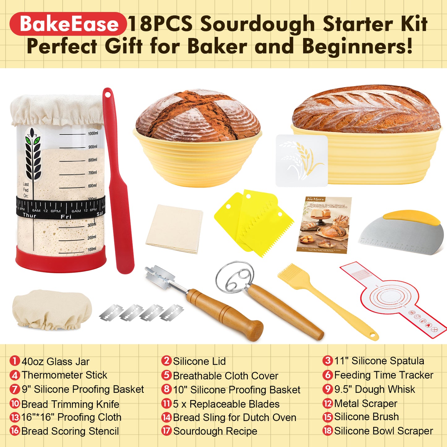 TeeMars BakeEase Sourdough Starter Kit - Durable Complete Sourdough Bread Baking Supplies (18PCS)