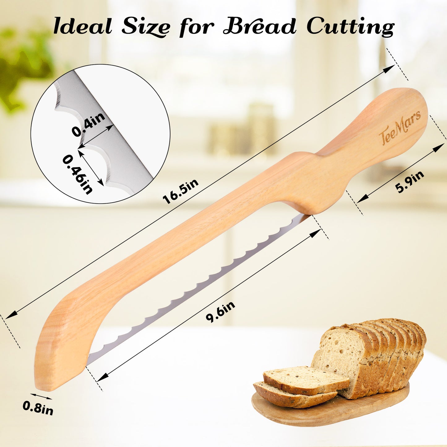 TeeMars Bread Knife for Homemade Bread - 16.5" Premium Oakwood Serrated Bread Slicer Knife
